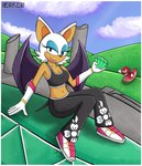 angel_island anthro black_bottomwear black_clothing black_pants black_shirt black_topwear blue_eyeshadow bottomwear chaos_emerald clothed clothing eyeshadow female footwear gem gloves green_eyes hair handwear lipstick makeup master_emerald pants pink_lipstick shirt solo topwear white_hair wings rsbr sega sonic_the_hedgehog_(series) knuckles_the_echidna rouge_the_bat bat echidna mammal monotreme hi_res