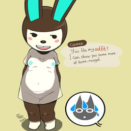 belly chibi clothing exhibitionism female offscreen_character slightly_chubby solo text translucent translucent_clothing saintstay animal_crossing nintendo carmen_(animal_crossing) humanoid lagomorph leporid mammal rabbit absurd_res english_text hi_res