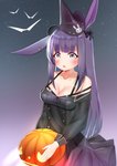 blush breasts cleavage clothed clothing female food fruit hair hat headgear headwear holidays looking_at_viewer open_mouth plant pumpkin purple_hair simple_background solo star witch_hat deaver arknights halloween hypergryph studio_montagne rope_(arknights) animal_humanoid humanoid lagomorph lagomorph_humanoid leporid_humanoid mammal mammal_humanoid rabbit_humanoid 2020 digital_media_(artwork) hi_res shaded