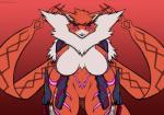 anthro armor bangs big_breasts breasts claw_(weapon) clawed_vambrace claws featureless_breasts featureless_crotch female fur hair markings melee_weapon orange_body orange_fur pupils purple_markings red_claws red_eyes smile smiling_at_viewer solo tendrils thick_thighs unusual_pupils vambrace weapon white_body white_fur galmgaruda51 bandai_namco digimon digimon_(species) felid mammal meicrackmon meicrackmon_vicious_mode