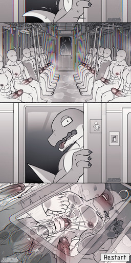 abs against_surface against_window bald blush bodily_fluids breath cum cum_everywhere cumshot ejaculation erection faceless_character faceless_male french_kissing from_behind_position gameplay_mechanics gangbang genital_fluids genitals glans group group_sex handjob inside_train kissing looking_at_viewer male male/male messy muscular muscular_male nipple_fetish nipple_pinch nipple_play nipples nude on_glass panting pecs penile penis pinch precum public_transportation sex tongue tongue_out train vehicle vein veiny_penis bk-mita platform_8 chrome_(bk-mita) human lizard mammal reptile scalie absurd_res chromatic_aberration comic hi_res