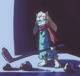2_horns 3_toes ^_^ anthro biped cloak clothing eyes_closed eyewear fangs feet fur glasses green_cloak green_clothing hair hockey_stick horn male pink_horn pink_scarf rock rubble scarf smile solo stick teeth toes torn_clothing wearing_glasses white_body white_fur white_hair modeseven deltarune undertale_(series) ralsei bovid caprine goat mammal