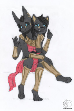 2_heads 3_legs 4_arms anthro black_body black_fur black_hair blue_sclera clothing conjoined duo ear_piercing female fur gold_(metal) hair multi_arm multi_head multi_limb piercing allartskye canid canine felid feline mammal hi_res traditional_media_(artwork)