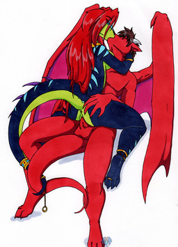 anthro anus balls breasts brown_hair butt butt_grab duo entwined_tails erection eyes_closed female female_on_top female_penetrated from_front_position genitals hair hand_on_butt horn hug jewelry kissing long_hair male male/female male_on_bottom male_penetrating male_penetrating_female mastery_position membrane_(anatomy) membranous_wings non-mammal_breasts nude on_bottom on_top penetration penile penile_penetration penis penis_in_vagina red_hair sex side_boob simple_background straddling tail tail_coil vaginal vaginal_penetration vulva white_background wings tierafoxglove mythology alarice pyron dragon lizard mythological_creature mythological_scalie reptile scalie 2014 traditional_media_(artwork)