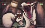 ambiguous_gender anthro bodily_fluids brown_body brown_fur brown_hair clothed clothing duo fangs feral fur green_eyes hair horn imminent_vore male open_mouth red_eyes red_horn red_tongue saliva saliva_string short_hair tail teeth tongue white_body white_fur white_tail acidic mammal mustelid otter synx 16:10 hi_res signature widescreen