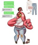 anthro big_breasts black_text bottomwear breasts brown_body clothed clothing denim denim_bottomwear denim_clothing dialogue electronics ellipsis emphatic_ellipsis eyebrows eyelashes female footwear hair hair_hand hair_over_eye high_heels holding_object holding_phone jeans looking_at_object looking_at_phone message one_eye_obstructed pants phone pokemorph shoes simple_background solo standing text text_message torn_bottomwear torn_clothing torn_jeans torn_pants white_background white_text yellow_eyes latiar nintendo pokemon melanie_mortrose generation_6_pokemon gourgeist pokemon_(species) 2020 5:6 digital_media_(artwork) english_text hi_res