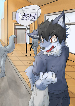 after_transformation ambiguous_gender anthro black_hair black_nose blue_body blue_fur bottomwear cheek_tuft claws clothed clothing countershade_torso countershading detailed_background facial_tuft fangs finger_claws fluffy fluffy_tail fully_clothed fur group growth hair inner_ear_fluff interrobang kemono looking_at_hand looking_at_self male male_focus open_mouth outside pants pupils red_eyes shirt shocked short_hair short_sleeves slit_pupils snout snout_growth solo_focus surprised tail tail_growth tail_growth_in_pants teeth text tongue topwear torn_bottomwear torn_clothing torn_pants transformation_through_technology tuft window yakumomidori1 background_character canid canine human mammal english_text hi_res japanese_text translation_request