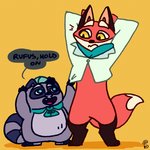 anthro belly biped blue_eyes duo fur multicolored_body multicolored_fur slightly_chubby text two_tone_body two_tone_fur yellow_eyes shapeshiftinterest cartoon_network mao_mao:_heroes_of_pure_heart reggie_(mao_mao) rufus_(mao_mao) canid canine fox mammal procyonid raccoon 1:1 2019 english_text hi_res