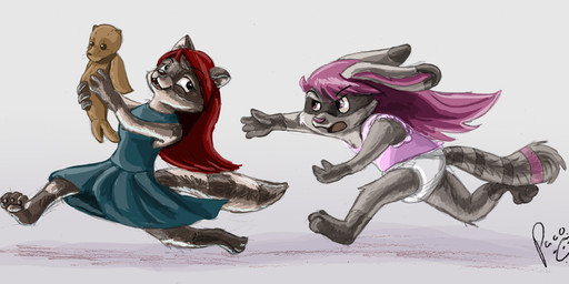 angry anthro blue_clothing blue_dress clothed clothing diaper dress duo facial_markings female fur grey_body grey_fur hair head_markings holding_object holding_plushie logo long_ears long_hair markings mask_(marking) open_mouth open_smile pink_clothing pink_eyes pink_hair pink_topwear plushie purple_eyes red_hair running side_view simple_background smile striped_markings striped_tail stripes tail tail_markings topwear wearing_diaper white_diaper young young_anthro young_female pandapaco hybrid lagomorph leporid mammal procyonid rabbit raccoon artist_logo hi_res signature