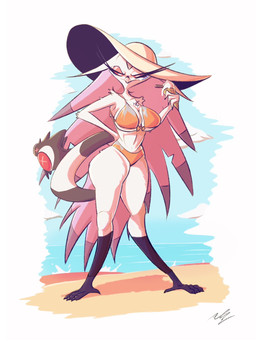 angry anthro beach beak big_breasts big_butt bra breasts butt clothed clothing cloud dessert duo feather_hair feathers female food hair hat headgear headwear ice_cream long_hair male outside panties partially_clothed pseudo_hair red_eyes sand simple_background sky thick_thighs underwear white_body white_hair adam_clowery hellaverse helluva_boss stella_(helluva_boss) avian bird demon 2024 hi_res