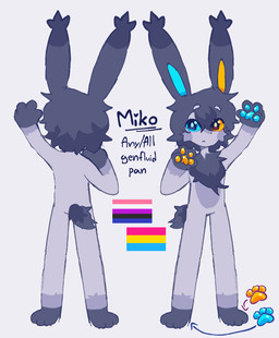 ambiguous_gender anthro blue_eyes blue_pawpads blue_sclera cheek_tuft dark_hair facial_tuft female fluffy fluffy_chest fluffy_ears fluffy_hair fluffy_tail fur genderfluid_pride_colors grey_body grey_fur hair heterochromia lgbt_pride looking_at_viewer male neck_tuft orange_eyes orange_pawpads orange_sclera pansexual_pride_colors pawpads pride_colors reff solo tail tuft jellybugeater miko_jellybugeater humanoid lagomorph leporid mammal rabbit invalid_tag original_character hi_res model_sheet reference_image