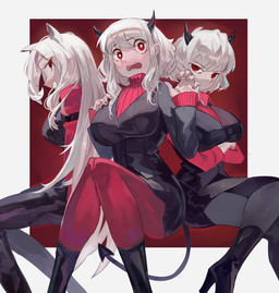 black_horn boots breasts clothed clothing crossed_arms female footwear group hair high_heeled_boots high_heels horn long_hair looking_at_viewer open_mouth red_eyes shoes short_hair sitting smile tail topwear white_body white_hair white_skin vicccccc123 helltaker cerberus_(helltaker) malina_(helltaker) modeus_(helltaker) animal_humanoid canid canid_humanoid canine canine_humanoid demon demon_humanoid humanoid mammal mammal_humanoid hi_res