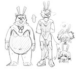 ?! anthro belly eye_patch eyewear facial_scar fake_ears fake_rabbit_ears female male missing_eye overweight playboy_bunny playboy_outfit scar ebichiriumai55 mihoyo zenless_zone_zero ben_bigger corin_wickes koleda_belobog von_lycaon bear canid canine canis human mammal wolf hi_res monochrome