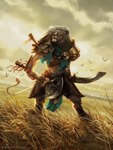 anthro armor bottomwear bracers clothing cloud digitigrade dual_wielding dutch_angle field front_view grass group holding_melee_weapon holding_object holding_sword holding_weapon loincloth looking_away male mane melee_weapon monk's_spade overcast pauldron pelvic_curtain plant scar scimitar sky skyscape solo_focus standing sword tail tail_tuft tuft weapon aaron_miller hasbro magic:_the_gathering wizards_of_the_coast ajani_goldmane planeswalker ambient_bird ambient_flier avian bird catfolk felid leonin mammal pantherine rodent sciurid tree_squirrel hi_res official_art signature