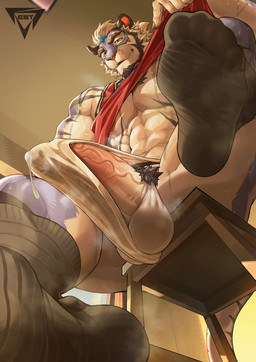 anthro balls bodily_fluids clothing footwear fur genital_fluids genitals leaking_precum male muscular muscular_anthro muscular_male penis precum pubes shirt socks solo sweat tank_top topwear underwear vein veiny_penis estper bluedy_(estper) felid feline mammal pantherine tiger absurd_res hi_res