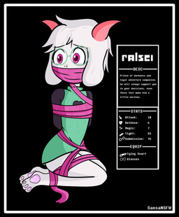 anthro bdsm black_border bondage border bound captured femboy gag gagged male paws restrained solo text sansansfw deltarune undertale_(series) ralsei bovid caprine goat mammal absurd_res english_text hi_res