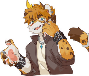 anthro blue_eyes brown_body brown_fur clothing collar fangs fur fur_markings hair jacket looking_at_viewer male markings multicolored_body multicolored_fur paws piercing pose ring shirt simple_background solo spots spotted_body spotted_fur teeth topwear two_tone_body two_tone_fur white_background joeyzliaotang felid leopard mammal pantherine absurd_res hi_res