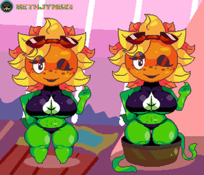 big_breasts black_clothing black_eyes black_eyeshadow black_mouth black_shirt black_thong black_topwear black_underwear blonde_hair breasts clothed clothed_female clothed_humanoid clothing eyelashes eyeshadow eyewear eyewear_on_head female female_humanoid flower freckled_face freckles front_view gesture goggles goggles_on_head green_body hair hand_on_hip hand_on_own_hip leaf leaf_arms logo looking_at_viewer makeup navel not_furry one_eye_closed open_mouth open_smile orange_face petal_hair petals plant pseudo_hair red_eyewear red_goggles shirt shortstack shortstack_female smile solo text thick_thighs thong topwear underwear waving waving_at_viewer wink winking_at_viewer yellow_petals sethjynbzz electronic_arts plants_vs._zombies plants_vs._zombies_heroes popcap_games solar_flare_(pvz) elemental_creature elemental_humanoid flora_fauna flower_creature humanoid plant_humanoid sunflower_(pvz) 2023 artist_logo artist_name colored digital_media_(artwork) hi_res multiple_scenes pixel_(artwork) shaded