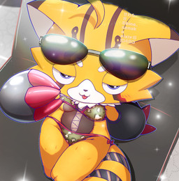 ahoge anthro bikini bikini_pull biped blep blue_eyes blush breasts camo camo_bikini camo_clothing camo_print camo_swimwear claws clothed clothing clothing_lift clothing_pull cybernetic_limb cybernetic_tail cybernetics eyebrows eyewear eyewear_on_head facial_markings female fur hair half-closed_eyes head_markings looking_at_viewer machine markings narrowed_eyes orange_body orange_fur pattern_bikini pattern_clothing pattern_swimwear red_claws sitting solo sparkles stitch_(sewing) striped_face striped_markings striped_tail stripes sunglasses sunglasses_on_head swimwear swimwear_pull tail tail_markings teasing teasing_viewer tongue tongue_out two-piece_swimsuit wearing_sunglasses white_eyebrows ebino_senaka bandai_namco digimon digimon_beatbreak ailurid cyborg digimon_(species) mammal pristimon hi_res