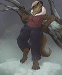 anthro clothing digitigrade eye_patch eyewear female fur jacket leaning leaning_backward markings snow solo spots spotted_body spotted_fur topwear prehistoric_predation hyena mammal 5:6 absurd_res digital_media_(artwork) digital_painting_(artwork) hi_res huge_filesize