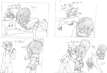 anthro clothed clothing dialogue duo female furniture male slap sofa text any-low-be bovid caprine mammal satyr sheep absurd_res comic english_text hi_res