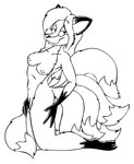 barely_visible_genitalia breasts female genitals looking_at_viewer multi_tail nipples tail tabbiewolf canid canine fox mammal monochrome