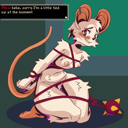 anthro bdsm blush blush_lines bondage bound buckteeth feet female fur looking_aside notched_ear restraints rope rope_bondage rope_harness ropeplay small_waist soles solo tail teeth text thick_thighs weapon whip white_body white_fur wide_hips xevadia mina_the_hollower yacht_club_games mina_(mina_the_hollower) mammal mouse murid murine rodent 1:1 absurd_res english_text hi_res