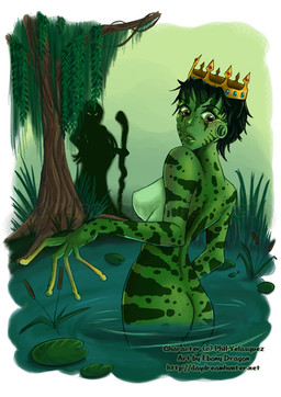anthro breasts butt clothed clothed/nude clothed_female clothing crown curse dress duo featureless_breasts female gem green_body green_skin hair headgear lily_pad long_fingers long_hair magic magic_user nude partially_submerged plant silhouette swamp transformation tree walking_stick water ebony_dragon amphibian frog human mammal story story_in_description