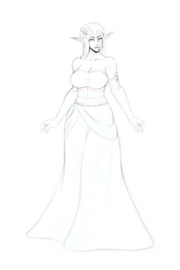 accessory armlet big_breasts breasts cleavage clothed clothing dress ear_piercing female flower flower_in_hair front_view hair hair_accessory humanoid_pointy_ears long_ears long_hair not_furry piercing plant pointy_ears solo tusks urw siv_(urw) elf humanoid hybrid orc 2:3 full-length_portrait hi_res monochrome portrait sketch