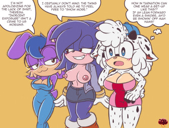 alternate_costume anthro big_breasts black_nose blue_eyes blue_hair blush blush_lines bottomwear breast_size_difference breasts cleavage clothed clothing clothing_swap countershade_face countershade_torso countershading denim denim_bottomwear denim_clothing denim_jacket denim_skirt denim_topwear dress exposed_breasts eyewear female fur glasses gloves group hair handwear hat headgear headwear huge_breasts jacket markings nipples open_mouth overalls pink_nose purple_body purple_fur red_eyes short_tail skirt smile smiling_at_another southern_accent speech_bubble spots spotted_body spotted_fur tail text thought_bubble topwear trio yellow_eyes ladycherrybomba sega sonic_the_hedgehog_(series) fan_character tanya_the_sheep_(foxnightshade) bovid caprine eulipotyphlan hedgehog lagomorph leporid mammal rabbit sheep colored_sketch english_text hi_res signature sketch