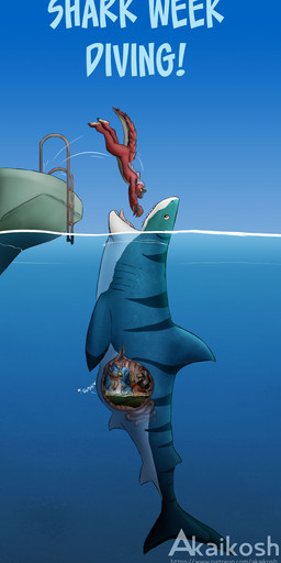ambiguous_gender anthro anthro_pred belly big_belly black_body blue_body blue_fin blue_stripes boat diving feral feral_pred gills group guts inside_stomach internal intestines ladder multiple_prey organs red_body rumbling_stomach sea shark_tail stripes text underwater vehicle vore water watercraft willing_prey akaikosh discovery_channel shark_week aquatic avian bird fish shark species_request 2024 english_text hi_res url watermark
