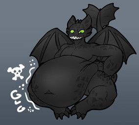 after_vore anthro anthro_pred belly big_belly claws digestion huge_belly looking_at_belly looking_at_own_belly looking_down male male_anthro male_pred membrane_(anatomy) membranous_wings motion_lines navel nude nude_anthro nude_male rumbling_stomach sharp_teeth simple_background sitting skull_symbol smile solo spiked_tail spikes spikes_(anatomy) tail teeth toe_claws vore wings kanida dreamworks european_mythology how_to_train_your_dragon mythology toothless dragon fury_(httyd) mythological_creature mythological_scalie night_fury scalie western_dragon digital_drawing_(artwork) digital_media_(artwork) hi_res