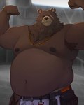 anthro belly biceps brown_body brown_fur clothed clothing facial_scar fur jewelry male missing_eye musclegut muscular navel necklace nipples pecs scar solo topless topless_anthro zcdartz mihoyo zenless_zone_zero ben_bigger bear mammal hi_res