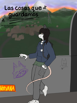anthro breasts brown_hair clothed clothed_female clothing female footwear fur hair hand_in_pocket multicolored_body multicolored_fur pockets shoes sky small_breasts solo text white_clothing white_footwear white_shoes spacefoxoficial american_opossum mammal marsupial invalid_background 3:4 hi_res spanish_text