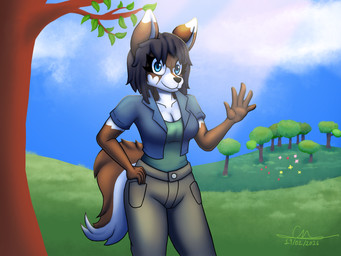 anthro blue_clothing blue_eyes blue_jacket blue_topwear brown_body brown_fur clothing female field fur green_clothing green_shirt green_topwear jacket shirt solo sunny topwear white_body white_fur cmaster1987 sara_(cmaster1987) canid canine canis mammal wolf 4:3 hi_res spanish_description