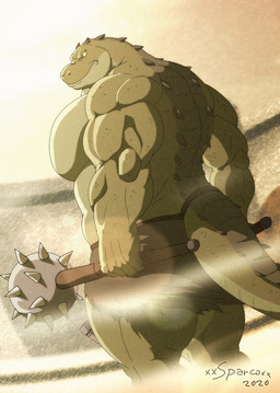 anthro arena axe bottomwear clothing gladiator male morning_star_(weapon) muscular muscular_anthro muscular_male scales solo text warrior weapon xxsparcoxx reyak_(xxsparcoxx) crocodile crocodilian reptile scalie 2020 artist_name digital_media_(artwork) hi_res
