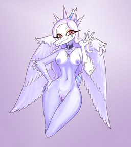 anthro areola biped blue_body bone_frill breasts butt butt_from_the_front choker choker_only collar elbow_feathers feathered_wings feathers female fingers frill_(anatomy) front_view genitals grey_body hair hand_on_hip humanoid_genitalia humanoid_hands humanoid_vulva jewelry long_hair looking_at_viewer markings medium_breasts mostly_nude_anthro mostly_nude_female mouth_closed navel necklace necklace_only nipples non-mammal_breasts non-mammal_hair non-mammal_navel non-mammal_nipples non-mammal_vulva nude nude_anthro pose pycnofibres red_eyes short_tail simple_background smile solo spiked_collar spikes striped_markings stripes tail text vulva white_body white_feathers white_hair wide_hips wings alexsavenije goodbye_volcano_high ko_op_(game_developer) fang_(gvh) prehistoric_species pterosaur reptile scalie 2024 absurd_res artist_name colored digital_media_(artwork) hi_res pinup shaded