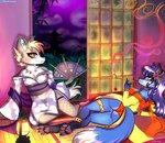 anthro arabian_clothing asian_clothing clothing duo female relaxing sensual smoke smoking_pipe caliluminos canid canine fox mammal oriental absurd_res hi_res tagme