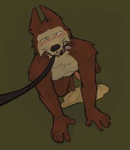 anthro bdsm blush bodily_fluids genital_fluids genitals looking_at_viewer male nude peeing penis petplay puppyplay roleplay simple_background solo urine watersports wetting openfracturesday canid canine canis domestic_dog mammal digital_media_(artwork) hi_res