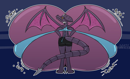 anthro back_boob big_breasts bottomwear bra breasts butt clothing crossgender female huge_breasts hyper hyper_breasts looking_at_viewer looking_back mtf_crossgender onomatopoeia orange_sclera purple_body shorts solo sound_effects sports_bra text underwear wings yellow_eyes mattthetooncat metroid mythology nintendo ridley dragon mythological_creature mythological_scalie scalie space_dragon_(metroid) 2023 english_text hi_res