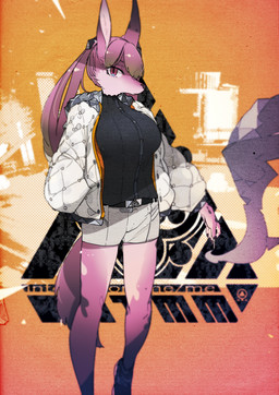 anthro belt big_breasts bottomwear breasts cigarette clothing female female_anthro footwear fur hair holding_cigarette holding_object jacket kemono looking_at_viewer orange_background pink_body pink_eyes pink_fur pink_hair ponytail shoes shorts simple_background smoke snout solo topwear idkuroi mammal 2019 hi_res