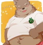 anthro belly blush clothing eyes_closed kemono male navel overweight overweight_male shirt simple_background solo tongue tongue_out topwear green_bell canid canine canis domestic_dog mammal 2024 hi_res