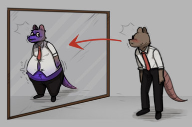anthro black_bottomwear black_clothing black_pants blueberry_inflation blush bottomwear clothing collared_shirt directional_arrow dress_shirt eyewear glasses grey_background illusion inflation looking_at_mirror looking_at_object male mirror necktie pants red_necktie round_glasses rumbling_stomach shirt simple_background solo suit surprised tail topwear white_clothing white_shirt white_topwear sodiux mammal murid murine rat rodent 2025 digital_drawing_(artwork) digital_media_(artwork)