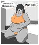 absurd_res belly belly_overhang border comic expansion female growth hi_res human kynesart mammal overweight overweight_female profanity slightly_chubby stomach_fetish weight_gain white_border