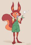 anthro blue_eyes buckteeth clothing dandelion flower gardener male overalls plant simple_background solo tan_background teeth trowel animancer jason_(jace) canid canine eurasian_red_squirrel fox hybrid mammal red_fox rodent sciurid tree_squirrel true_fox