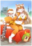 anthro asian_clothing big_breasts bra breasts cleavage clothed clothing curvy_figure east_asian_clothing female food grey_hair hair japanese_clothing kemono long_hair mask navel red_eyes sandwich_(food) solo tetsubo tongue tongue_out underwear voluptuous weapon onda_seki canid canine fox mammal