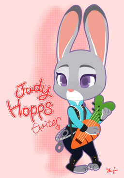 anthro carrot clothing electric_guitar female food fur grey_body grey_fur guitar long_ears musical_instrument plant playing_guitar playing_music plucked_string_instrument police police_uniform purple_eyes solo string_instrument uniform vegetable sho_t_utpr disney zootopia judy_hopps lagomorph leporid mammal rabbit 2016