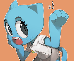 anthro beckoning bent_over black_eyes blue_body blue_fur bottomwear clothed clothing cupping_chin cute_fangs fangs female fur gesture grey_eyes looking_at_viewer mature_anthro mature_female open_mouth open_smile orange_background pupils simple_background skirt slit_pupils smile solo teeth text waving whiskers ysk! cartoon_network the_amazing_world_of_gumball nicole_watterson domestic_cat felid feline felis mammal 2015 japanese_text