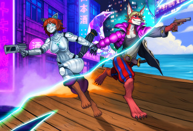 anthro cybernetics duo explosion fantasy female gun hologram_tail machine male male/female pirate ranged_weapon robotic_body science_fiction transition_effect weapon kayla_angel robin_tinderfox android canid canine felid feline fox mammal red_fox robot true_fox absurd_res hi_res