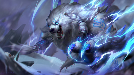 blue_claws claws electricity electricity_manipulation elemental_manipulation fur glowing glowing_eyes male open_mouth outside snow solo teeth white_body white_fur dingyaha league_of_legends riot_games tencent volibear bear mammal polar_bear ursine 16:9 2022 hi_res widescreen